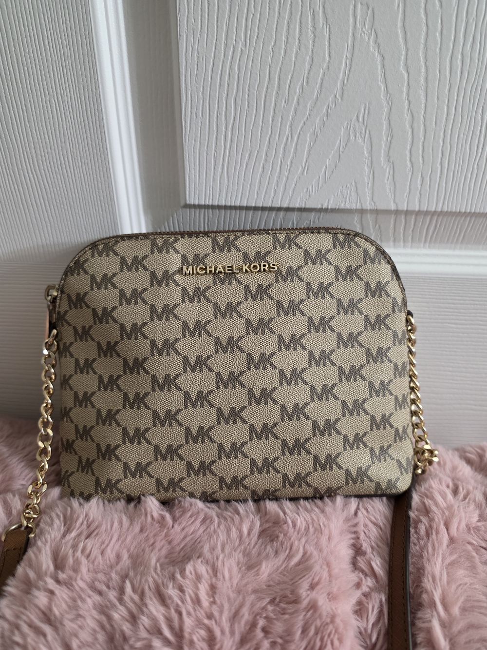 Michael Kors Tan Logo Crossbody with Gold Chain Strap